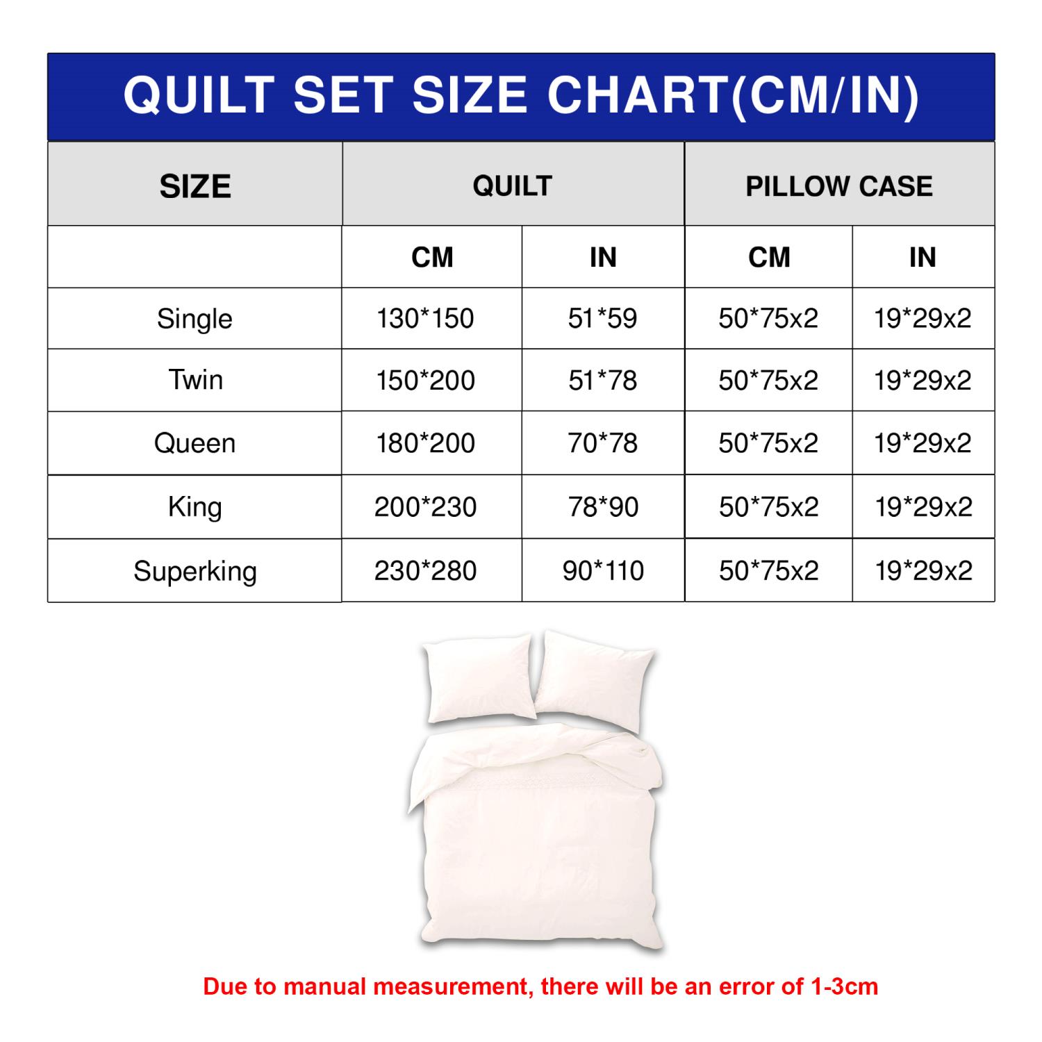 Quilt Bedding Set Size CHart